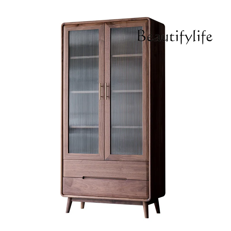 

Nordic Black Walnut Glass Bookcase Japanese Simple Solid Wood Glass Door with Drawer Bookshelf Clothes Closet