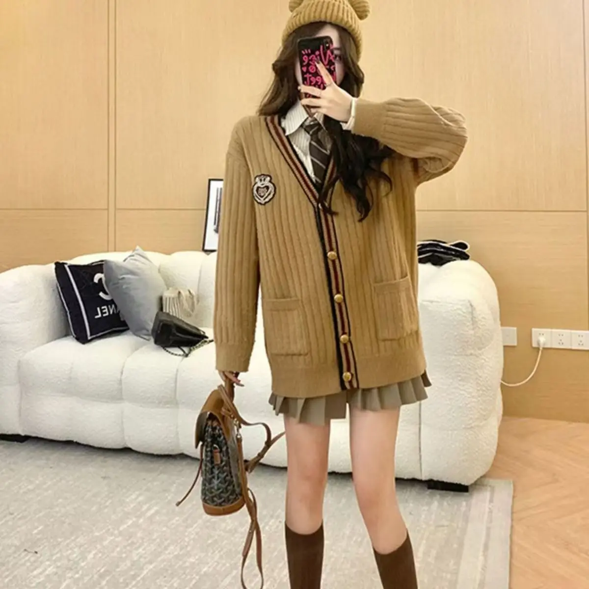 Korean Fashion Badge Embroidered Women Winter Stripe Knitting Cardigan V-neck Long Sleeve Coat School Cosplay Girl Uniform Tops