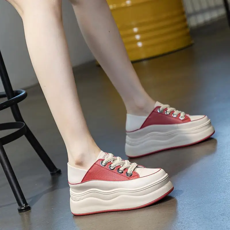 

Casual Thick Bottom Real Leather Dad Shoes Women's White Sneakers Color Block Style Flat Heel round Toe Natural Leather Inner