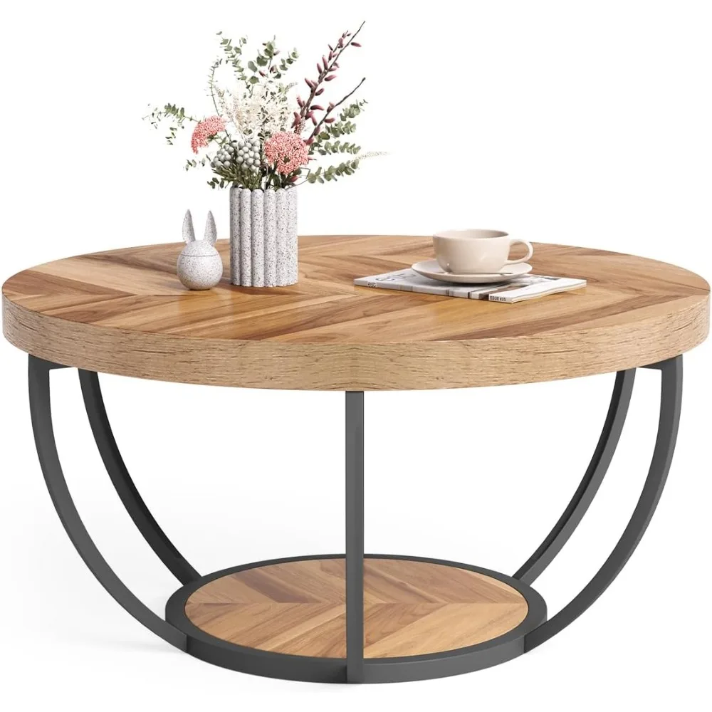 

Round Coffee Table, 32" Circle Coffee Table for Living Room, 2-Tier Wood Accent Center Table with Open Storage Indus