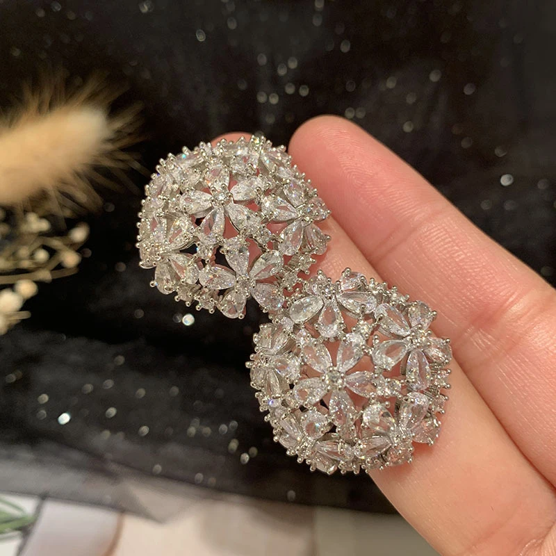 Silver Plated Flower Stud Earrings with Micro Inlaid Zircon Sparkling Fashion Jewelry