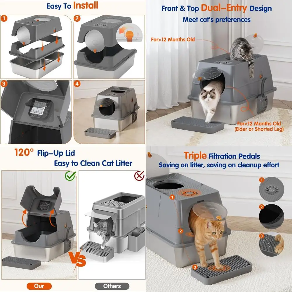 

Очень большой металлический лоток для кошек XL с крышкой, входом спереди и сверху, лестницей и совком, легко чистится