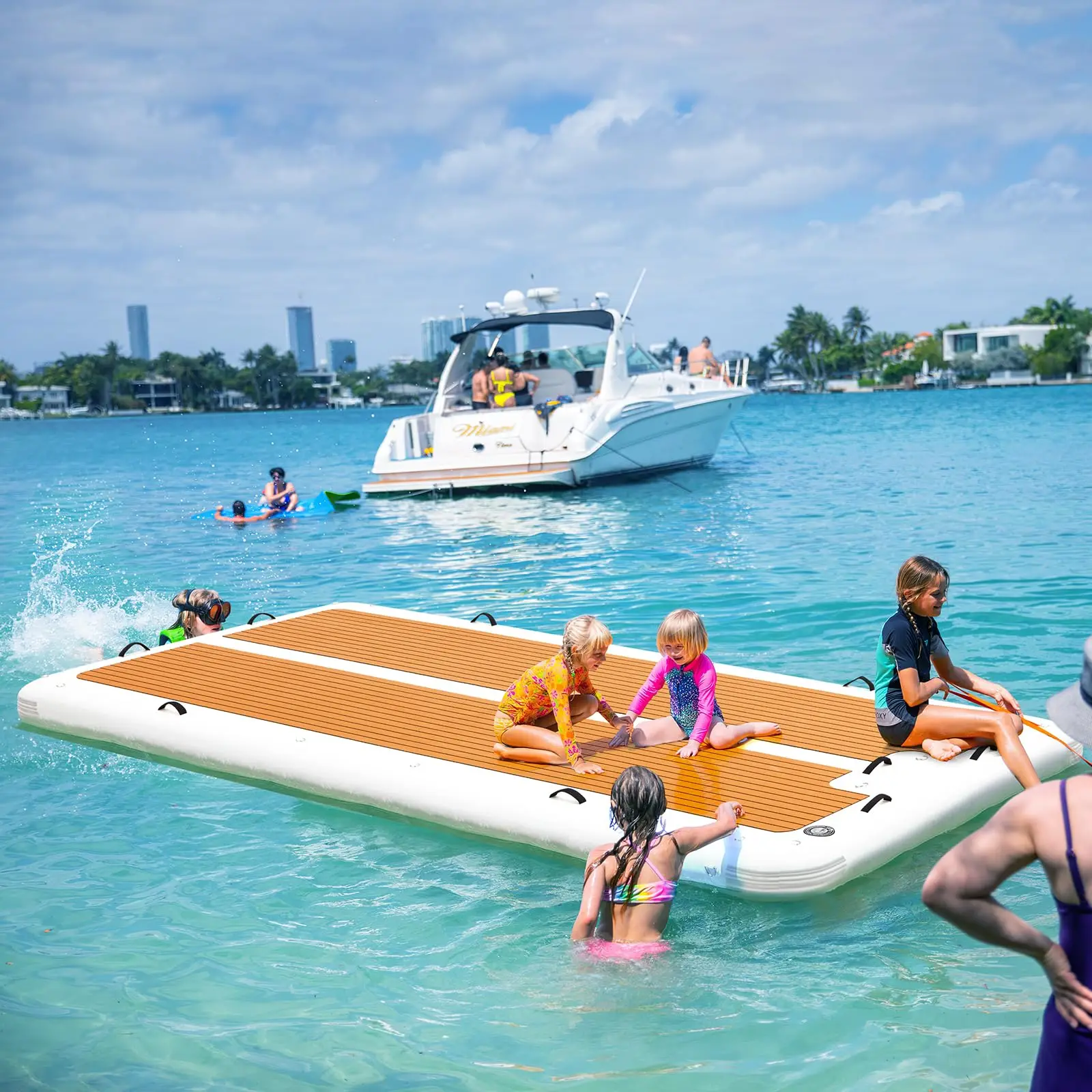 Muelle flotante de 15 'x 6,5', plataforma de isla inflable con estera antideslizante EVA de 5mm, bomba eléctrica para lagos, piscinas