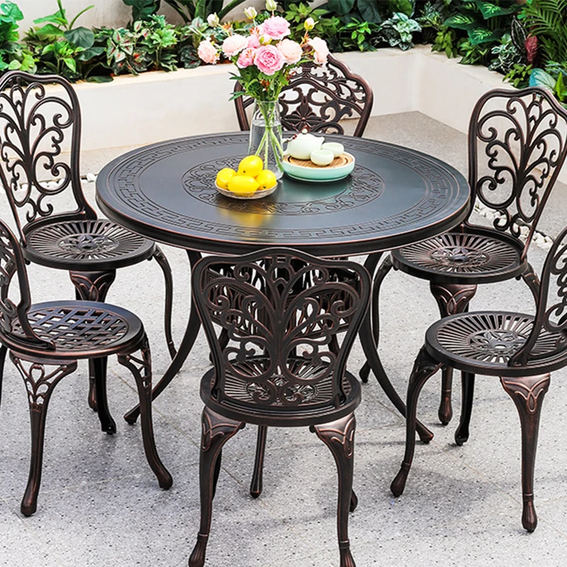 تصنيع طاولة وكرسي خارجي أوروبي للمنزل في الهواء الطلق من الألومنيوم المصبوب حديقة فناء طاولة شواء أثاث طاولة تجارية #5