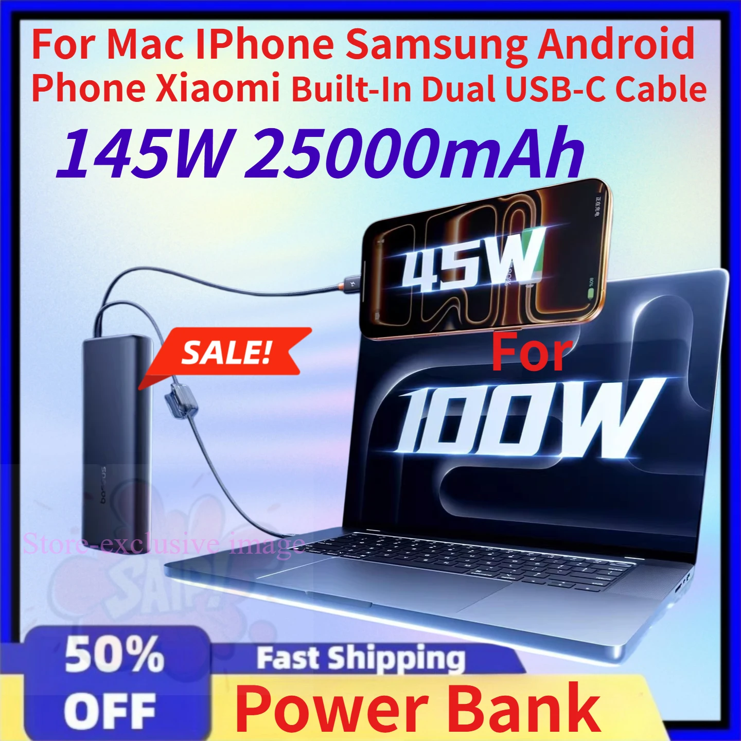 

（CCC）145W 25000mAh Power Bank Fast Charge Digital Display for Mac IPhone Samsung Android Phone Xiaomi Built-In Dual USB-C Cable