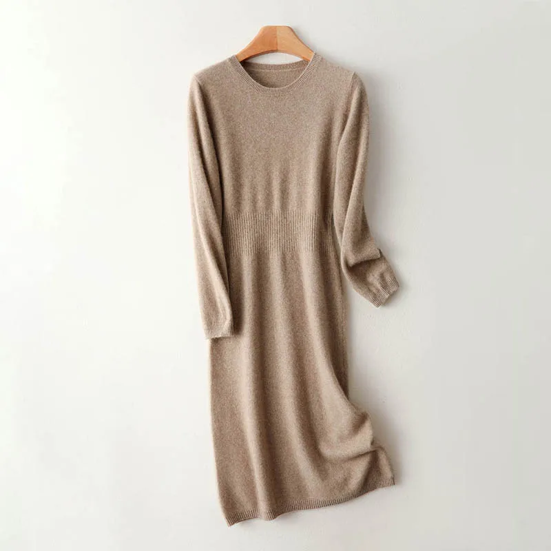 2025 New Women's Long Waisted Sweater Dress 100% Merino Wool Warm Knit Dress Long Sleeve Crewneck Elegant Minimalist Smart