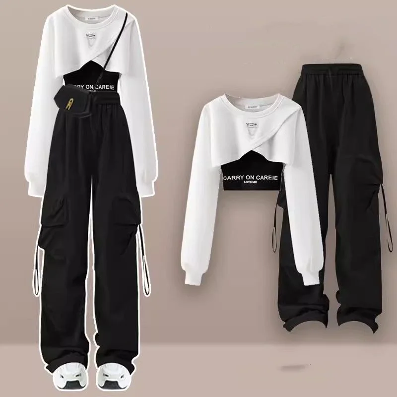 

2023 Spring Autumn Sweet Cool Suit Women's Korean Edition Loose Design Sweater+Strap+Work Wide Leg Pants Three Piece Set