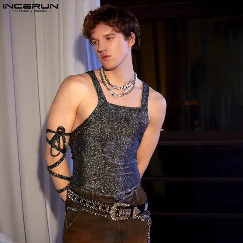 Men\'s Tank Tops Shiny O-neck Sleeveless Solid Color Gloves Casual Male Vests Summer Streetwear 2024 Fashion Men Clothing INCERUN
