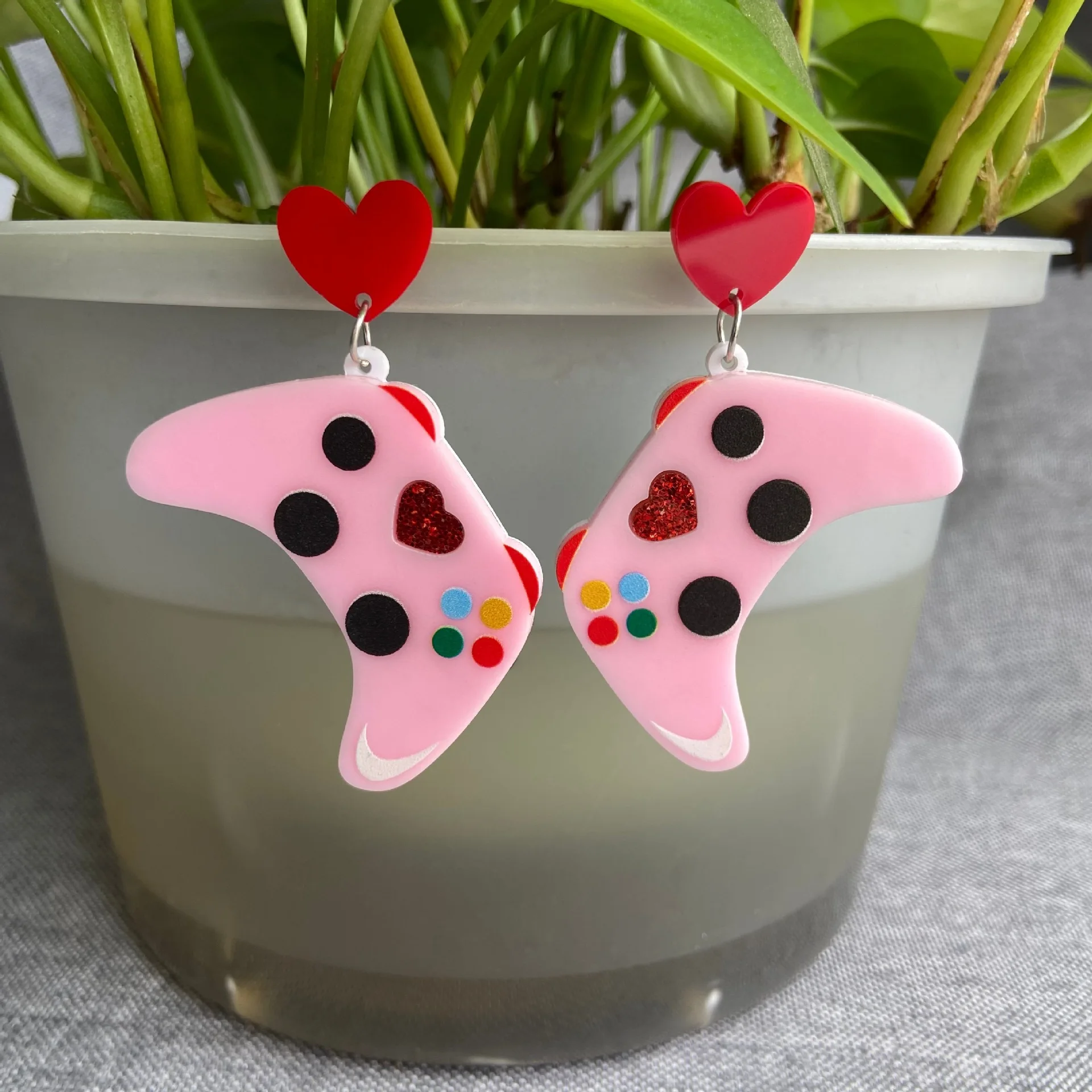 New Valentine's Day Series Acrylic Earrings Double-layer Pink Game Console Handle Sweet Love Earrings