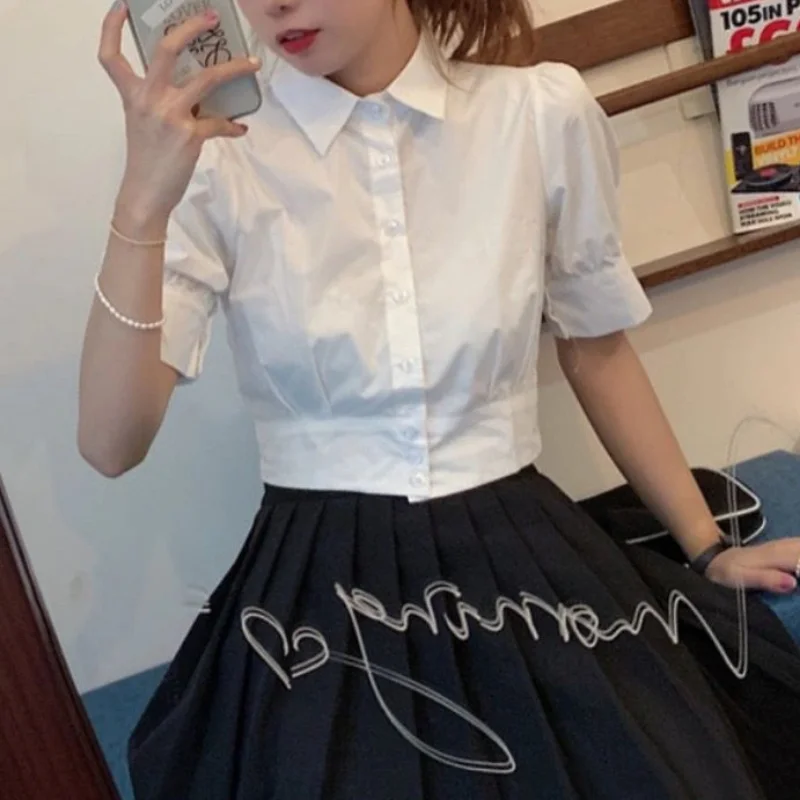 Shirts Women Summer White Vintage Solid Crop Tops Puff Sleeve All-match Preppy Style Chemise Femme Folds Students Chic New Ins