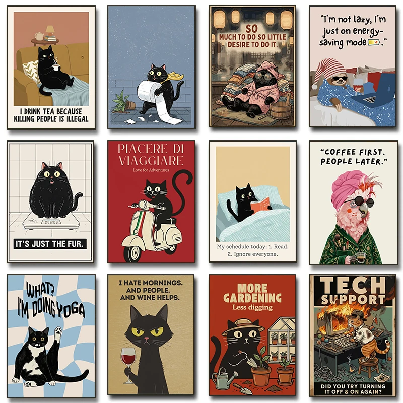 Funny Pet Cat Posters Toilet Paper Rescue Superhero Cat Weight Scale Humor Prints Canvas Painting Wall Pictures Home Room Decor