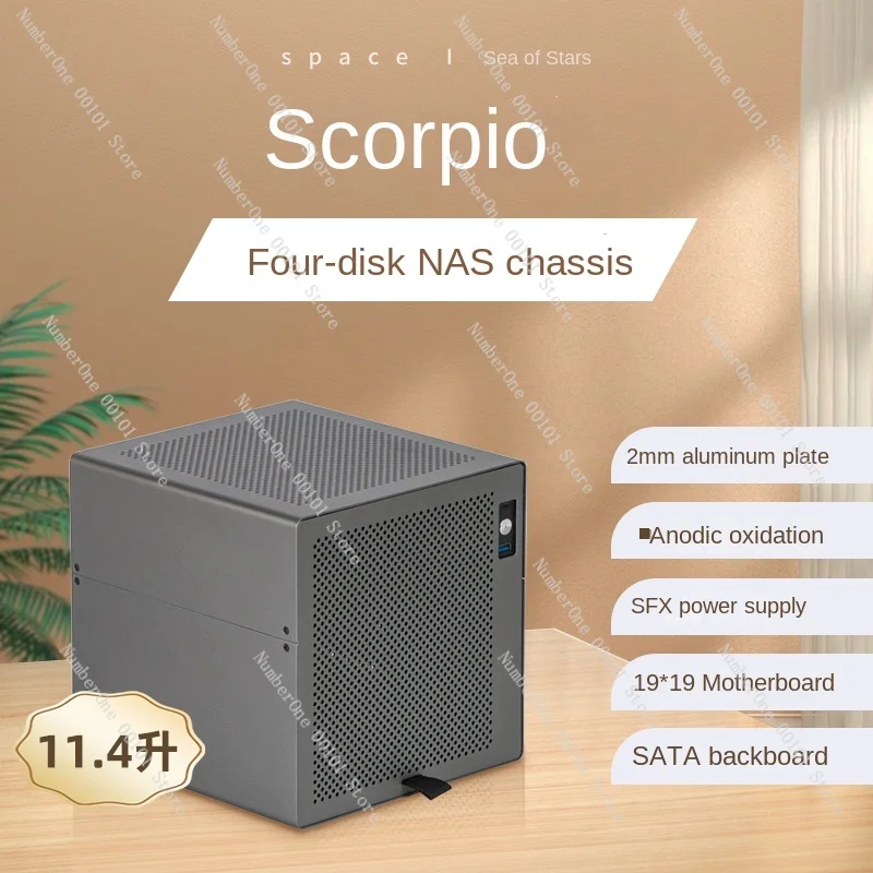 Scorpio 4-Disk NAS Aluminum Chassis SFX Power ITX Semi-High PCIe Black Synology AIO File Storage Service