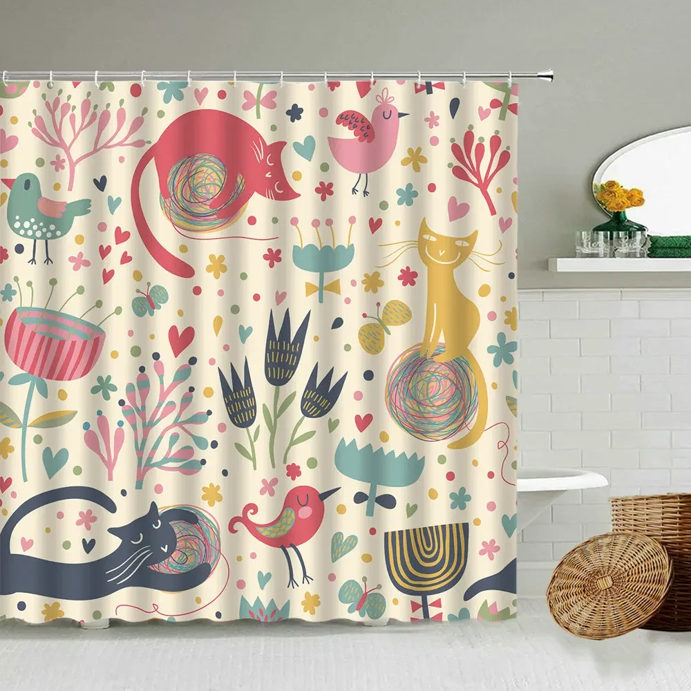 Cartoon Hand-Painted Animal Shower Curtain, Cat, Bird, Rabbit, Plant, Flower, Child Bathroom Decor with Hook, Hanging Screen