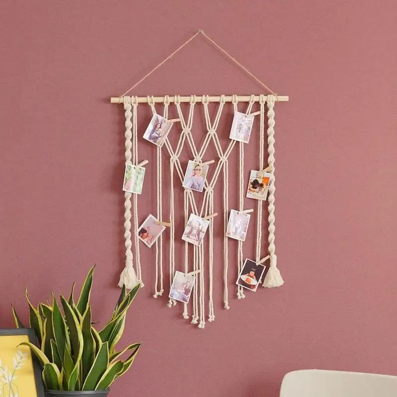 Boho Macrame Photo Display Hangable Woven Macrame Wall Decor With Clips Woven Rope Tapestry Postcard Display For Bedroom