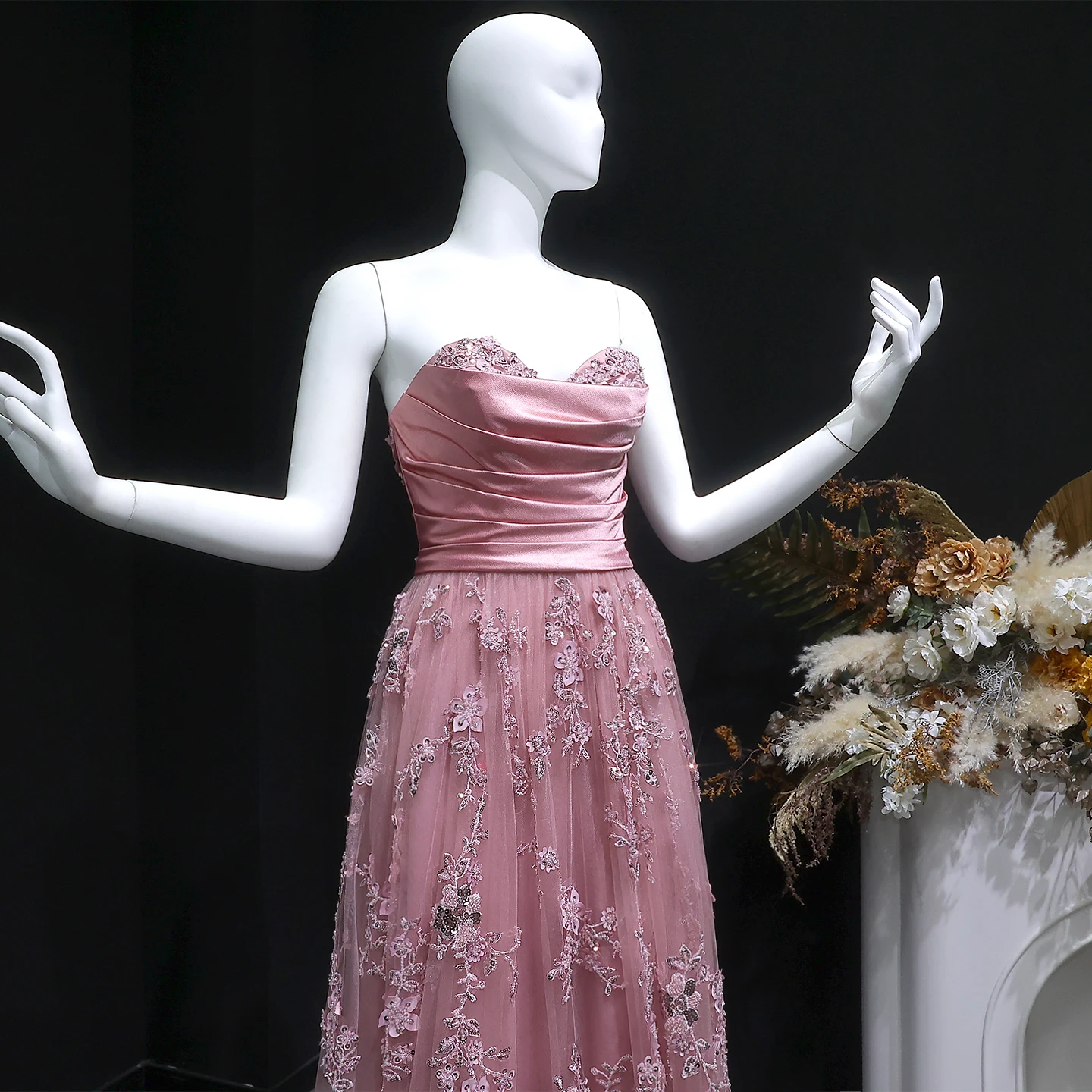 Sharon Said Elegant Pink A Line Prom Dress Strapless 3D Flowers Sequined Women Special Occasion Party Gowns SH171 Customized