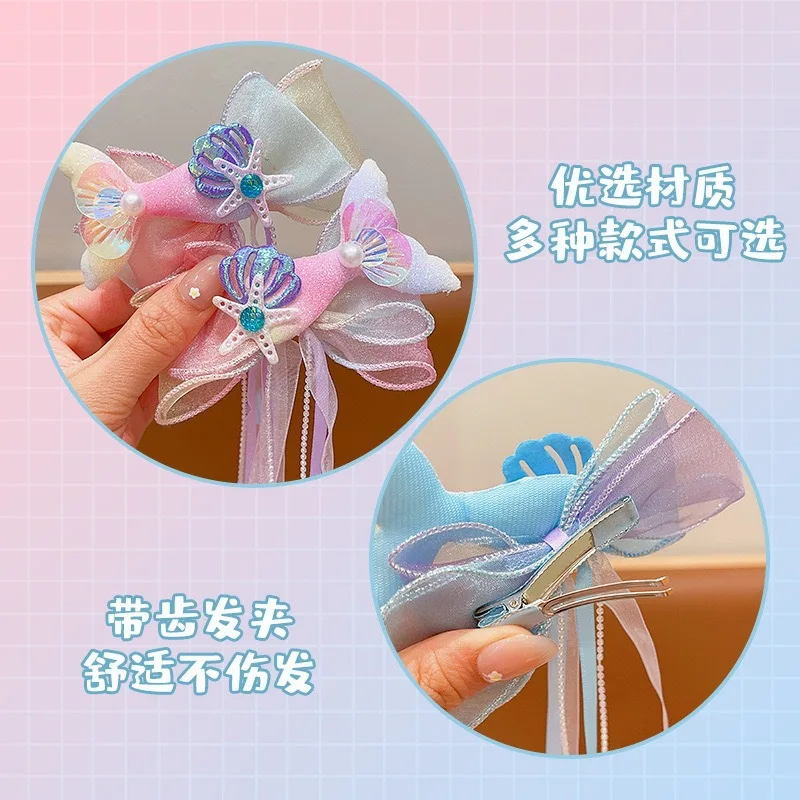 Baby Girls Mermaid Dress Up Hairpins Fishtail Shell Puprle Ribbon Headband Girl Bow Tie Braided Flower Hairpin Accessory HP01 view 3