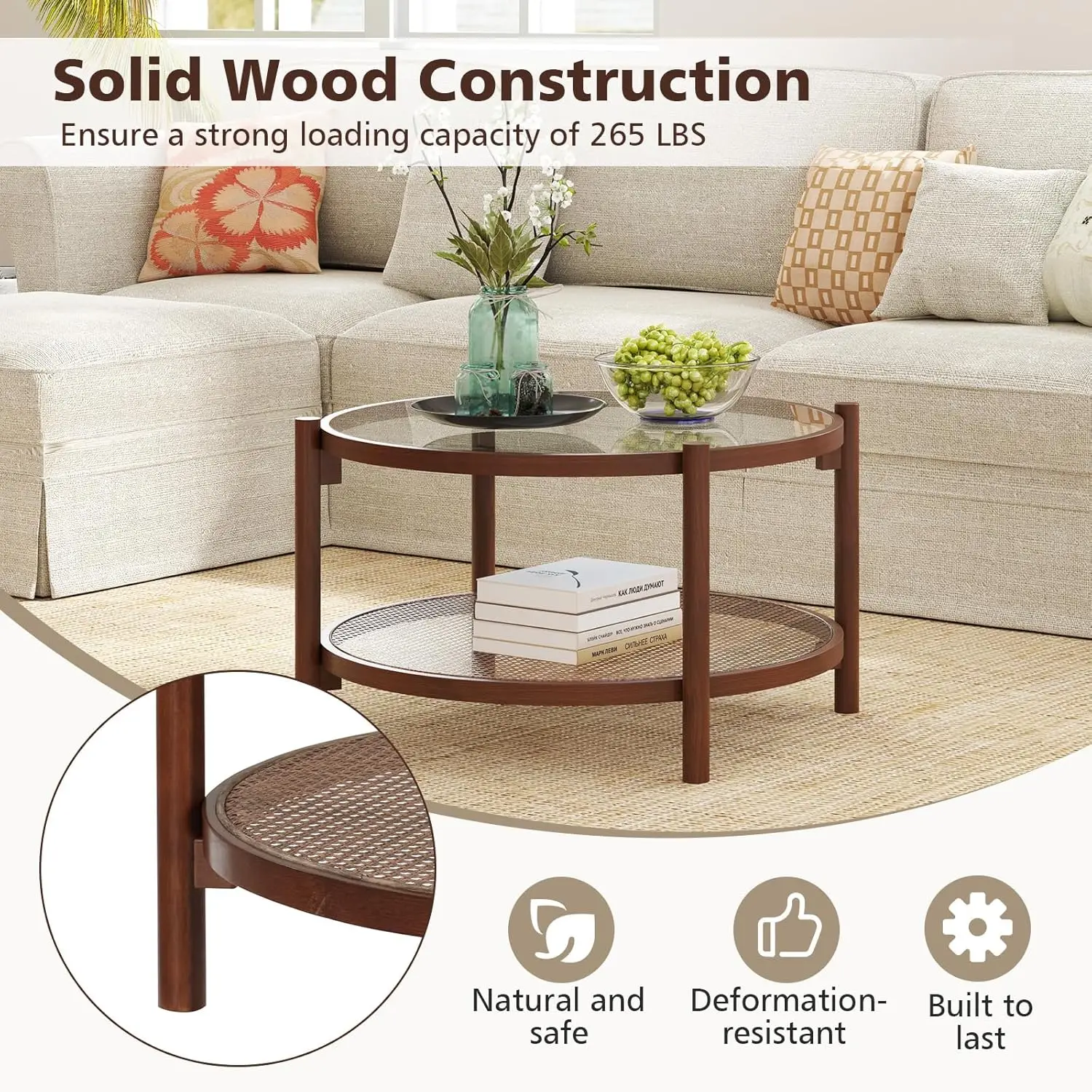 طاولة قهوة الروطان، طاولة مركزية زجاجية بوهو مع إطار من الخشب الصلب، سطح من الزجاج المقسى، رف تخزين الروطان PE، ريفي، خشب #4