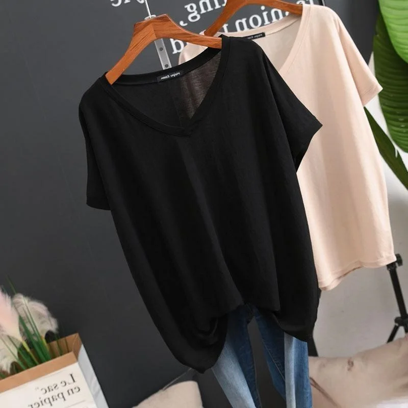 

plus Size 300 Pounds Bamboo Silk Thin Loose V-Neck Short Sleeve Women's T-Shirt Korean Style Summer Versatile Top Ins Style