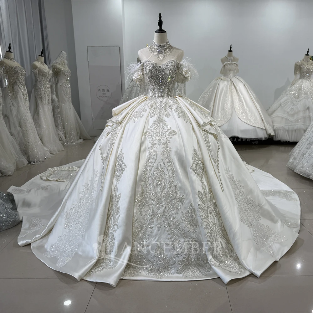 

Princess Wedding Dress Satin Halter Short Sleeve Pure Handmade Customized Beading Formal Bow Formal Bride Gown свадебно