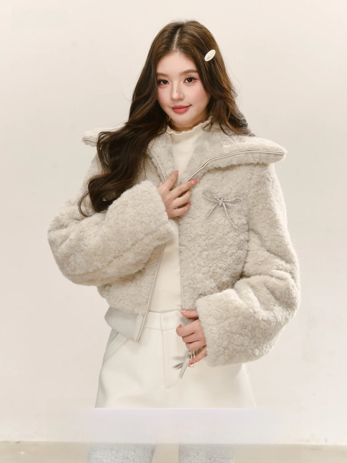 Peasluna Sweet Gentle  Knot Lamb Fur Jacket Female Style Stand Collar Integrated Leather And Fur Plush Coat Autumn W...