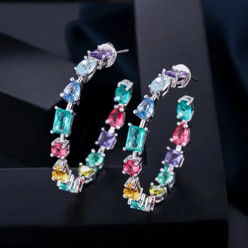 Huitan Geometric Colorful Cubic Zirconia Big Circle Earrings for Women Luxury Trendy Female Accessories Bright Earrings Jewelry