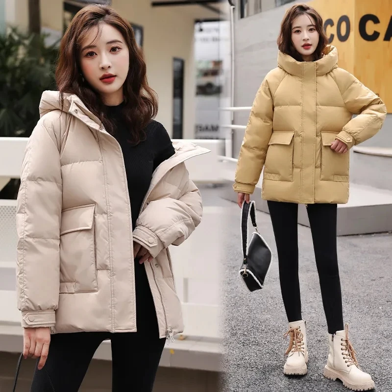 Manteau en coton chic à grandes poches pour femmes, Parka en duvet, Veste à capuche, Épais, Chaud, Vêtements d'extérieur, Hiver, Nouveau, 2024