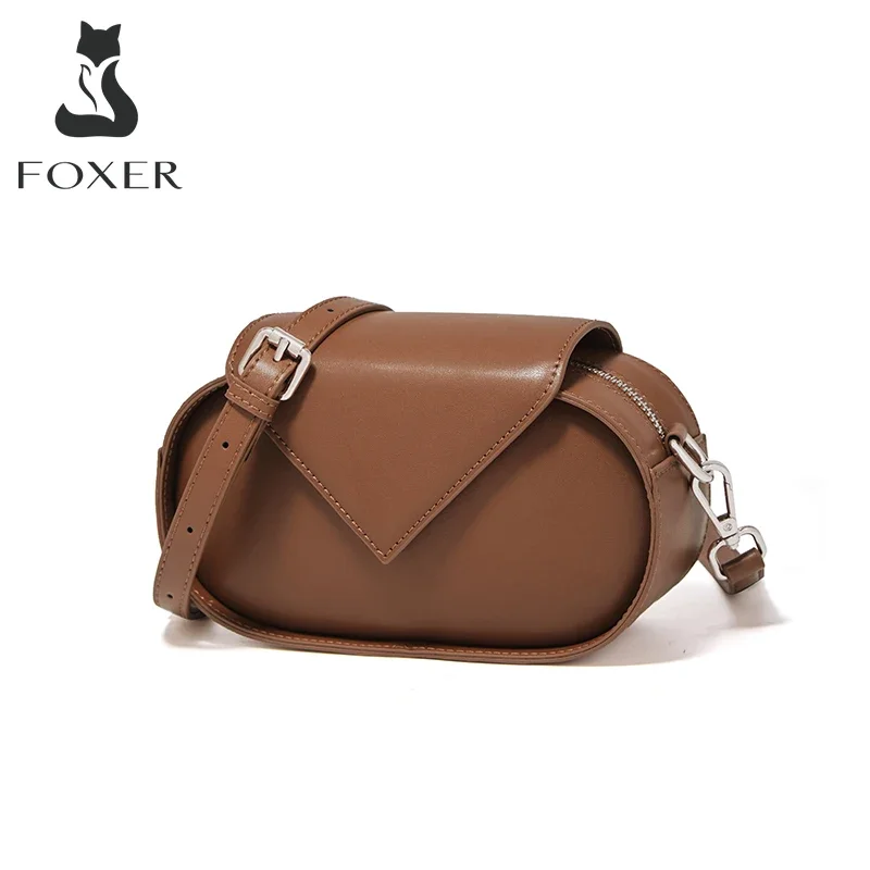 FOXER Round Small Shoulder Bag Women Hasp Split Leather Messenger Bag Female Fashion Zipper Adjustable Crossbody Bag Girl\'s Gift