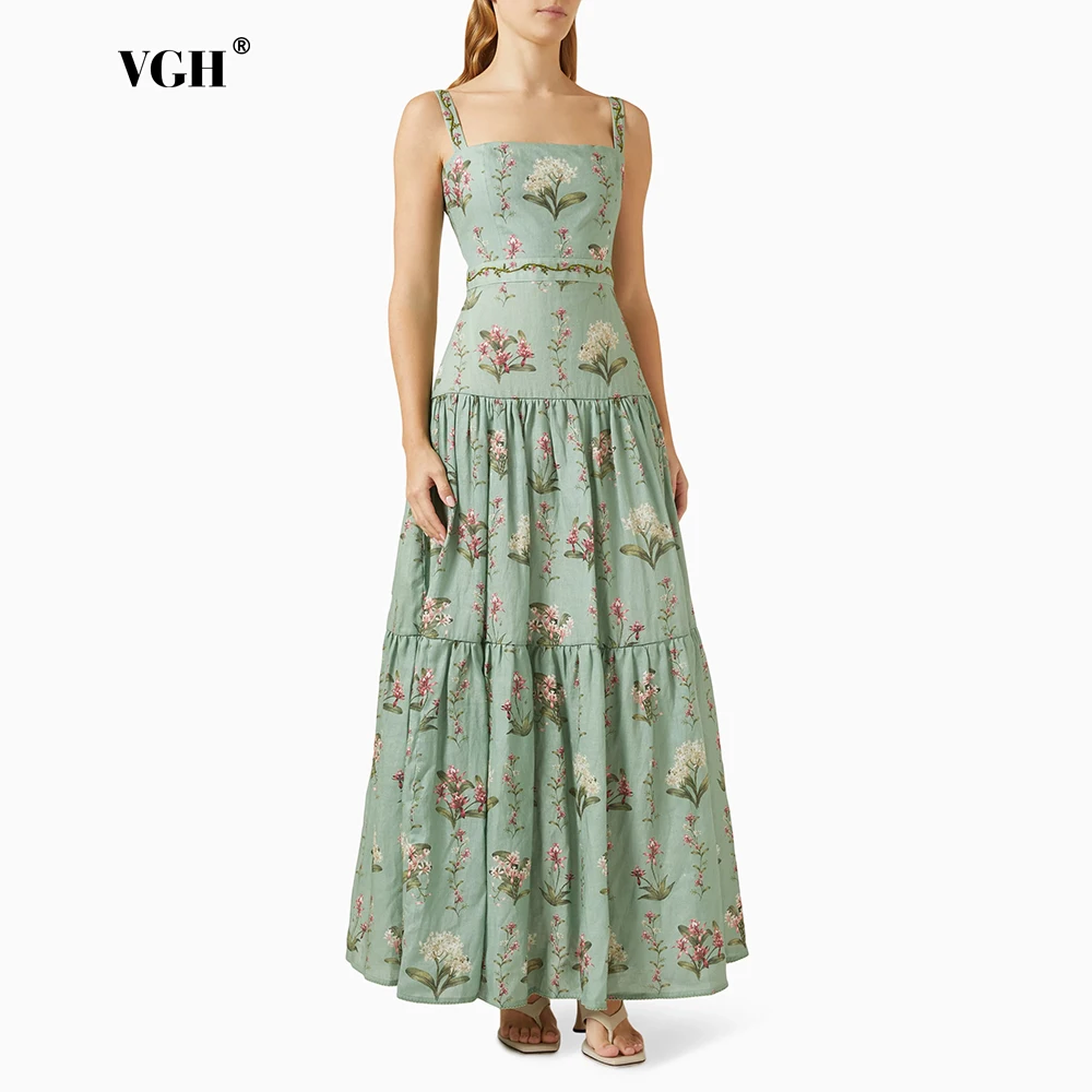 

VGH Boho Garden Parties Floral Print Maxi Sundress for Square Collar Sleeveless High Waist Slim Tiered Skirts for Casual Outings