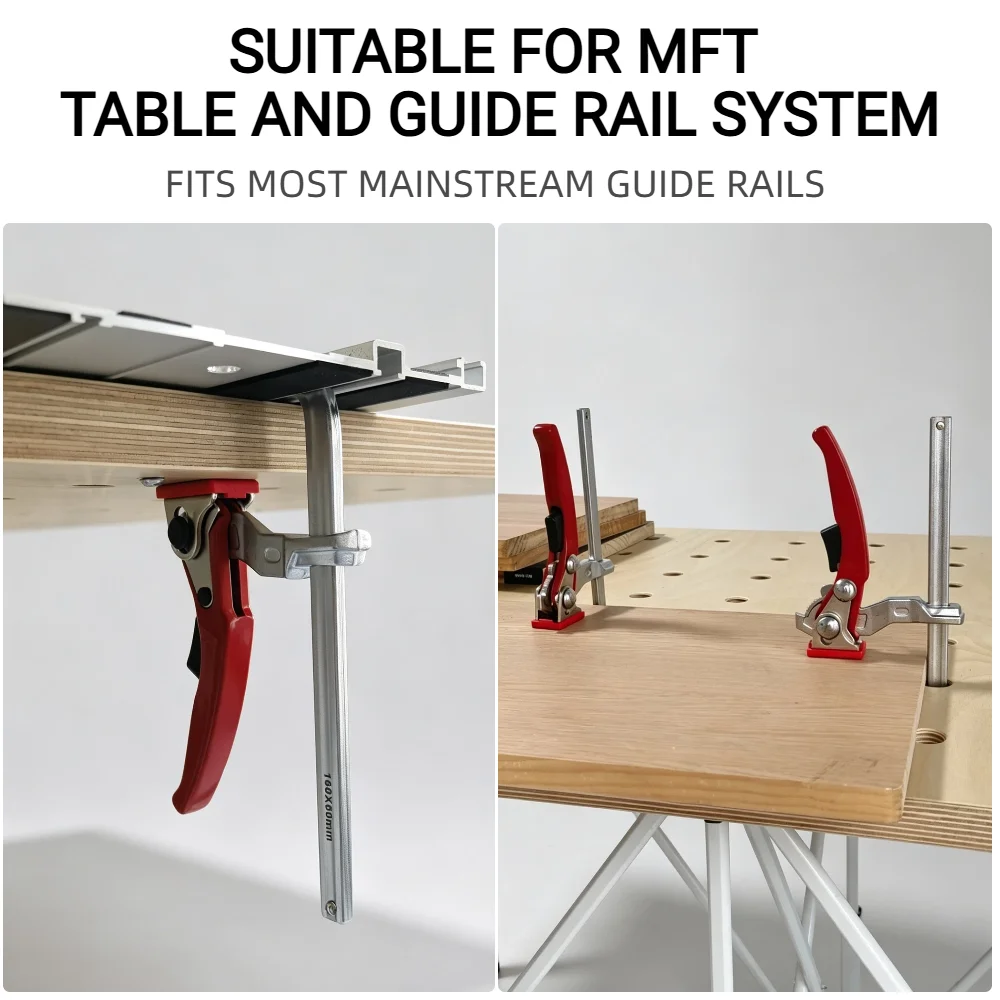 2Pcs Quick Guide Rail Clamps. Compatible with most guide rails, hole-pattern workbenches & DIY T-slot tables. Securely holds wor