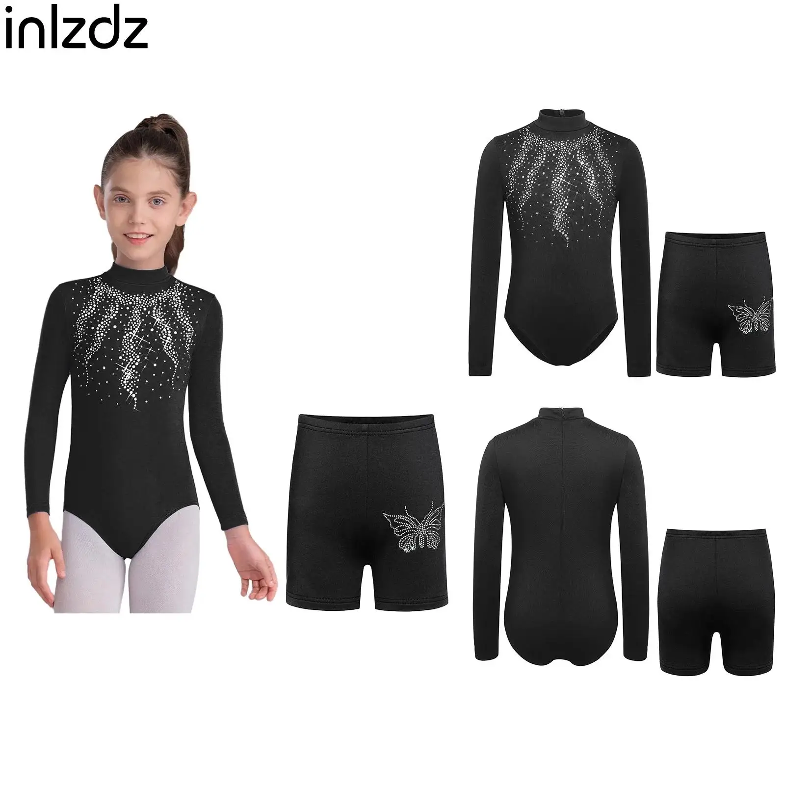 

Детские комплекты для фигурного катания и танцев для девочек, одежда для балета, гимнастики, танцевальных выступлений, леотард с длинными рукавами и стразами + шорты, комплекты из 2 предметов