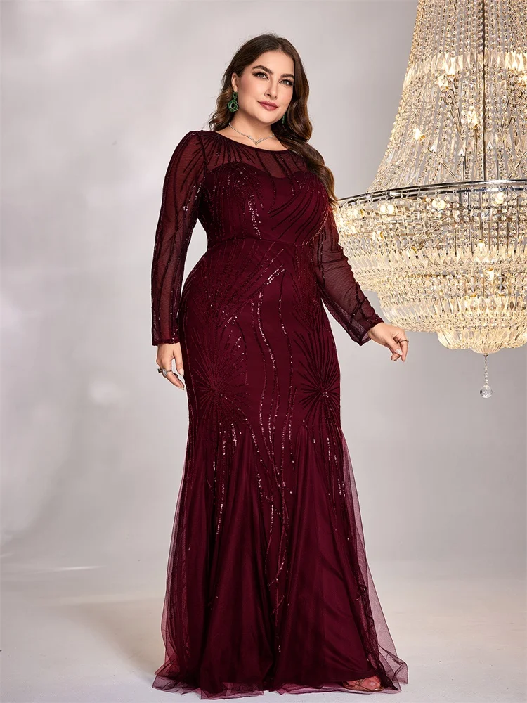Plus Size Red Elegant Long Sleeves Sequin Tulle Evening Dresses Women Luxury O-neck Mermaid Formal Wedding Party Maxi Prom Gown view 6