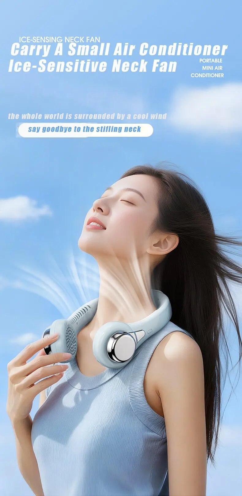 Portable Neck Fan Hanging Corded Rechargeable Cooling 1200mAh Battery Three Speed Levels Hands-Free USB Charging Travel Personal