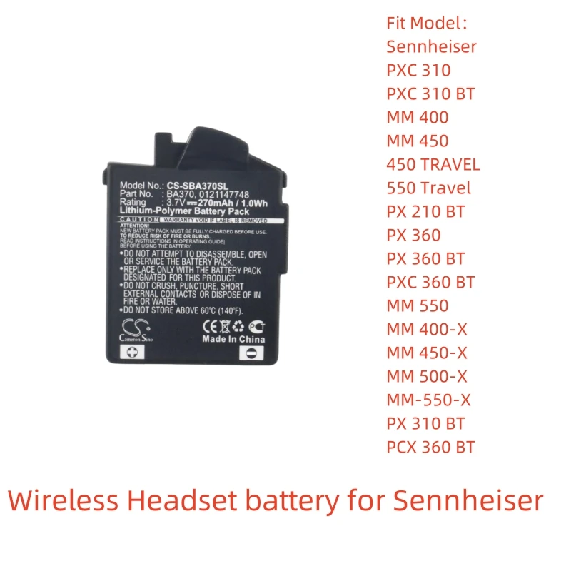 

Li-Polymer battery for Sennheiser Wireless Headset,3.7V,270mAh,PXC 310 BT,MM 400,450 TRAVEL,PX 360 BT