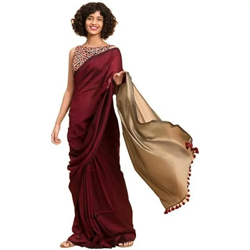 Women's Designer White Indian Handloom Ethnic Cotton Saree With Tassels Unstitched Blouse Piece. (Maroon-Golden)