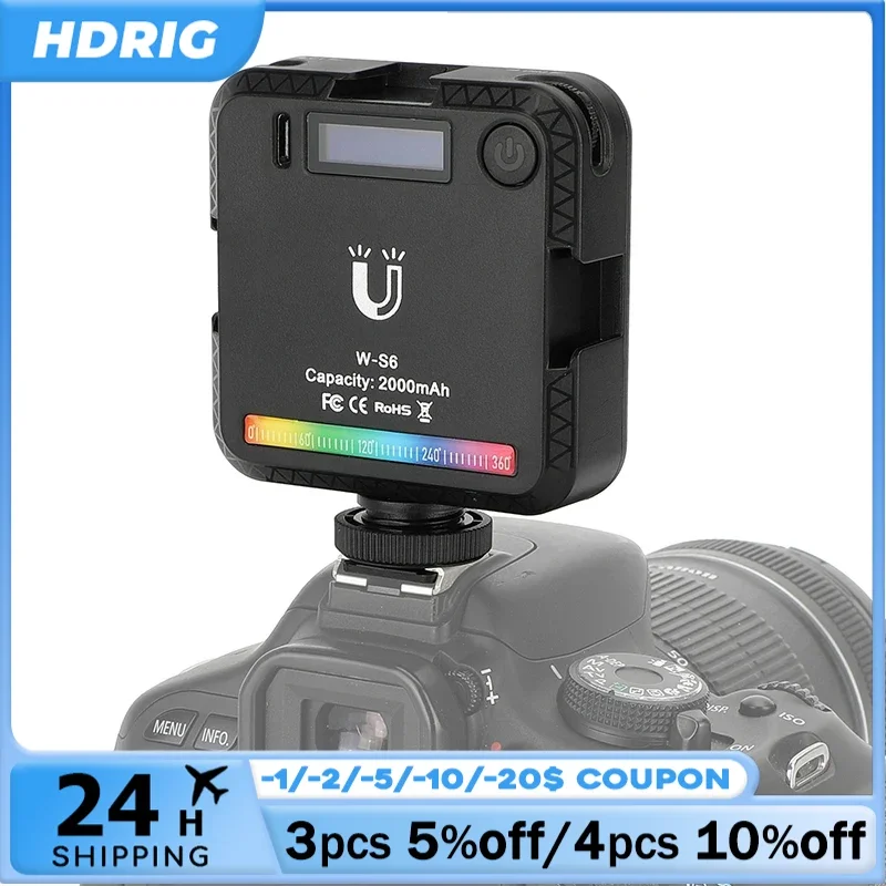 HDRIG Full Color RGB LED Video Light 2500K-9000K 800LUX Mini Fill 3 Cold Shoe Mount 2000mAh Magnetic Attachment Display Screen