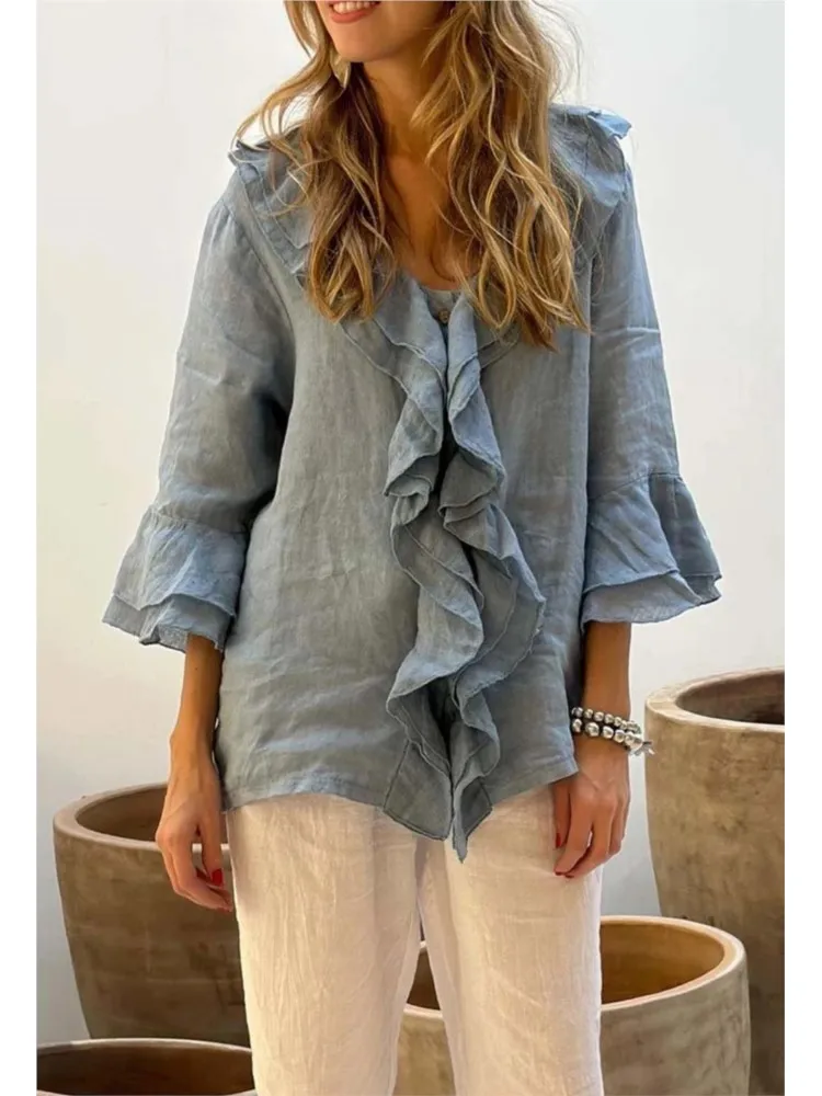 

Fashion Trend Solid Color Shirts Women V-neck Single Breasted Ruffles Flying Sleeves Shirt Casual Lady Commuting Clothing Blouse