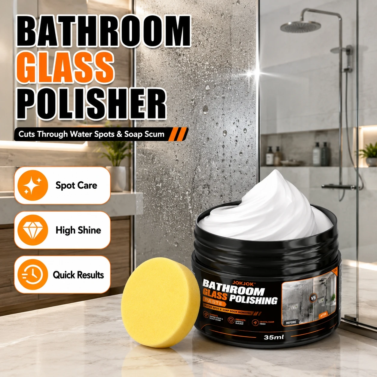 Bathroom Glass Polishing Paste, Powerful Hard Water Stain Remover and Descaler, for Shower Doors, Tiles, Stainless Steel