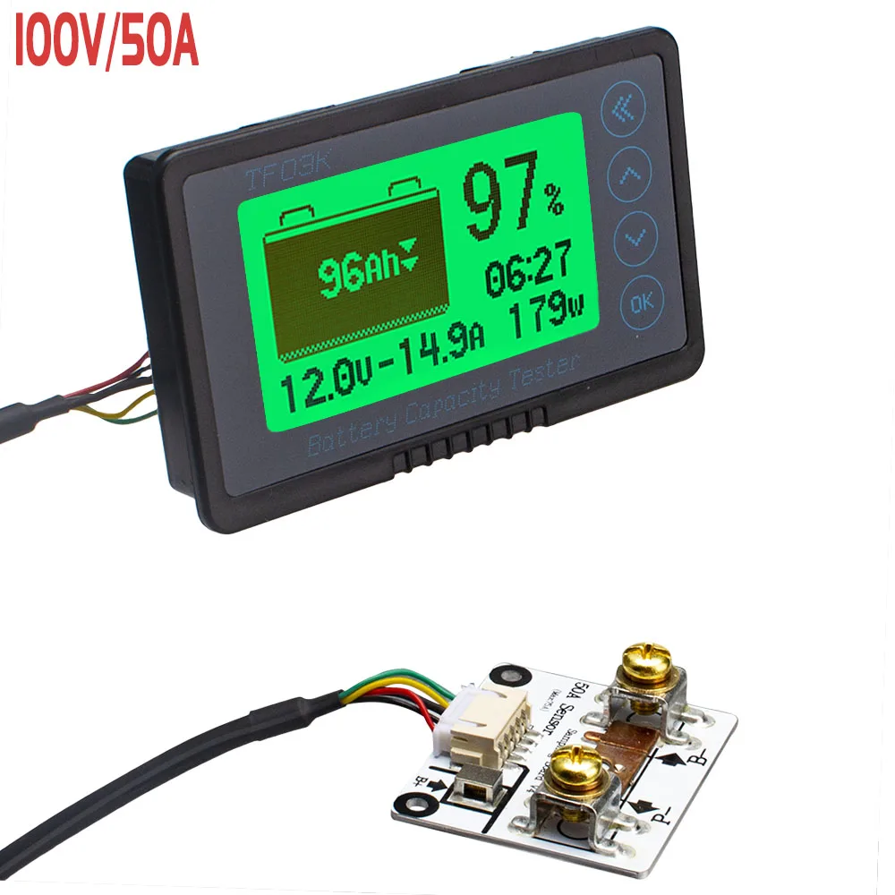 TF03K DC10~120V 50A/100A/350A/500A Battery Capacity Tester Voltage Current Display Coulomb Counter wiht 1m