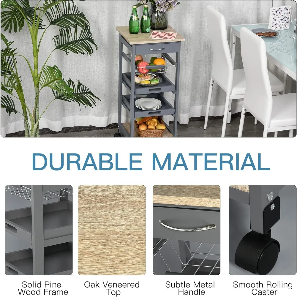 عربة مطبخ متنقلة مع مساحة تخزين، عربة أدوات دوارة مع درج وسلال، إطار خشبي رمادي #5