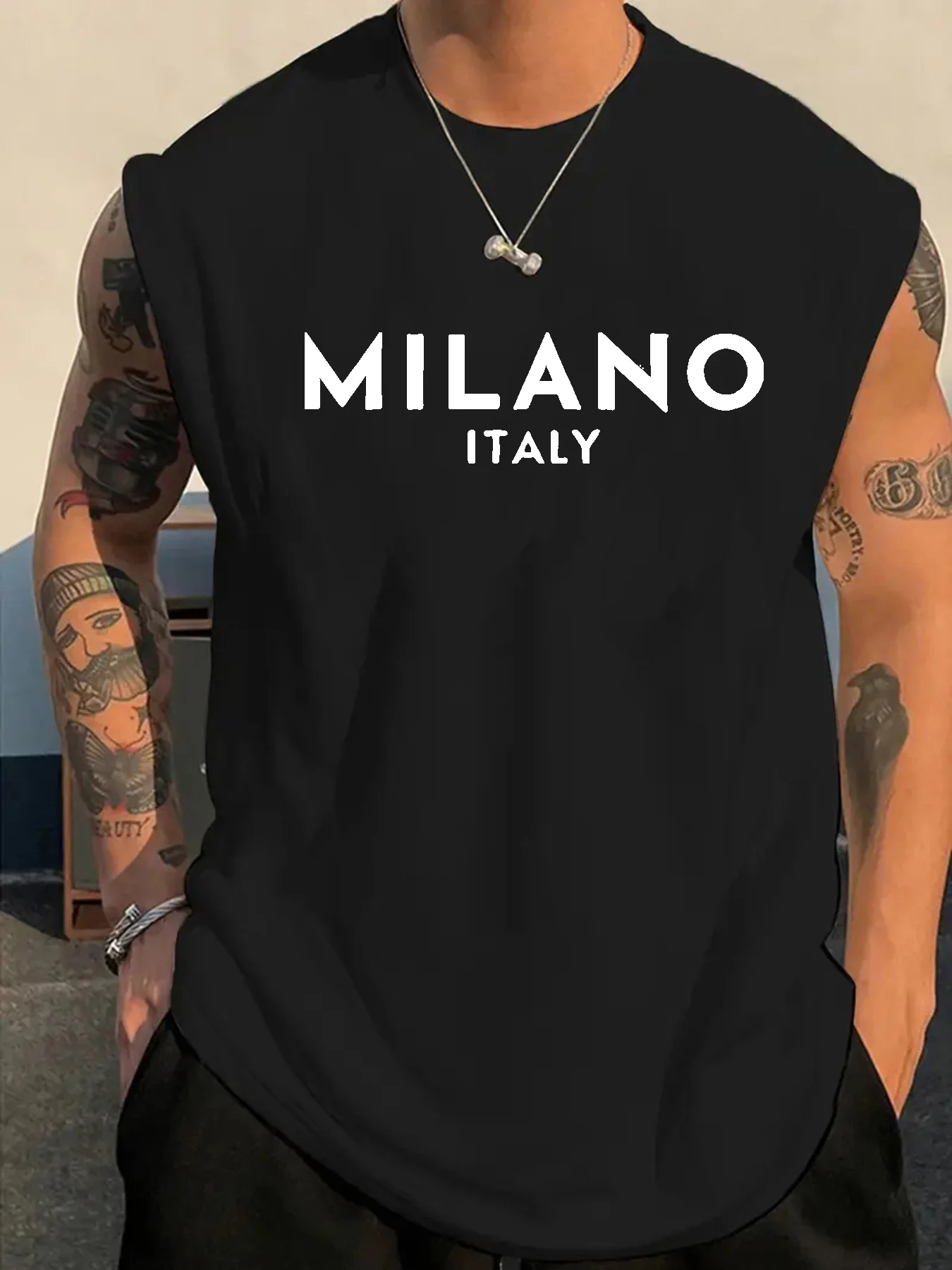 100% Pure Cotton Men's Summer Fashionable Casual Sports Loose MILANO ITALIA Print Fitness Breathable Round Neck Sleeveless Vest