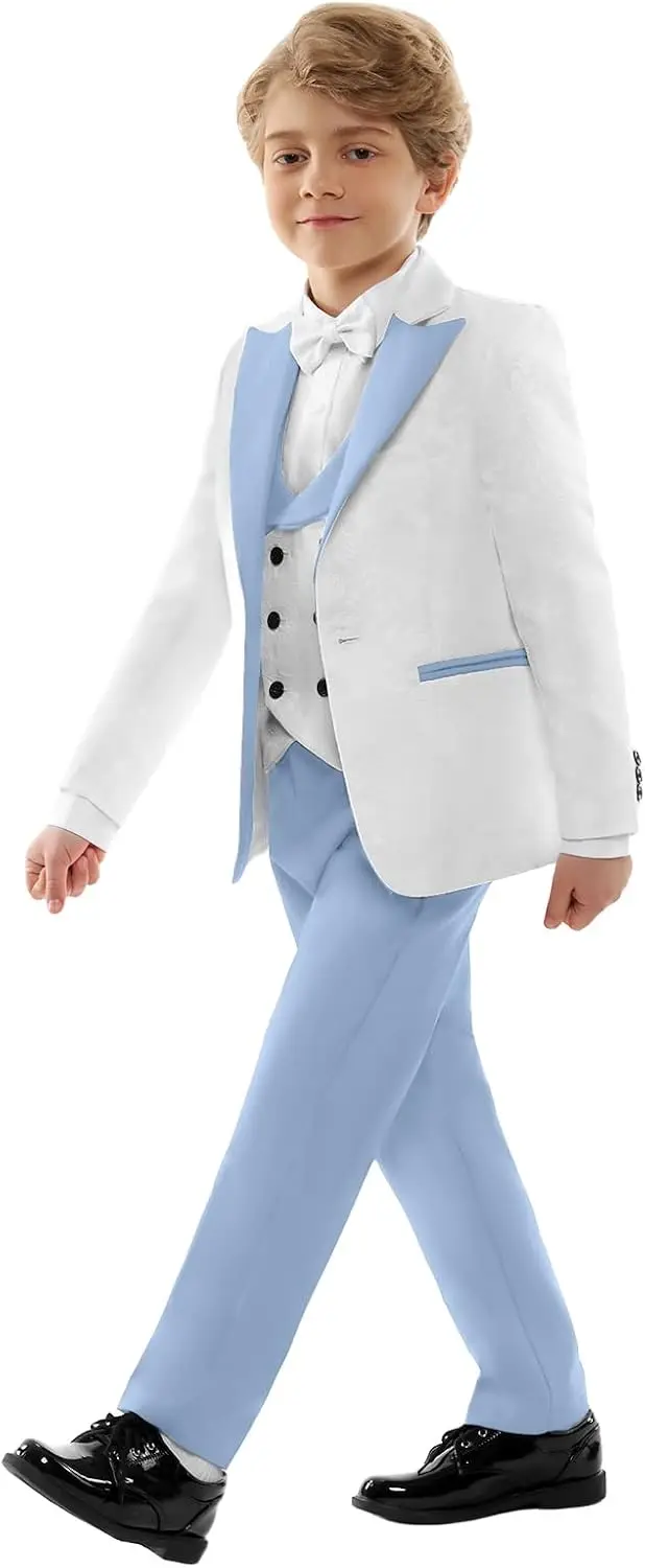 Boys 3 Pieces Formal Suit Wedding Tuxedo White Floral Jacket Sky Blue Pants Vest Kids Party Blazer Set 2-16 Years