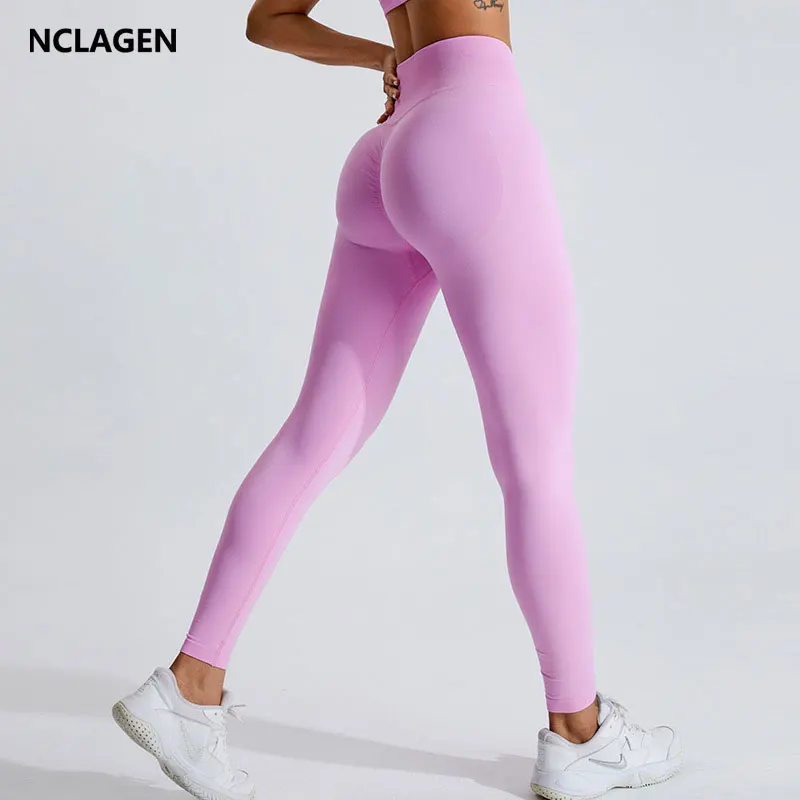 NCLAGEN Women's Seamless Yoga Leggings High V-Waist Tummy Control Scrunch Butt Lifting GYM Workout Pants Outdoor Sports Fitness