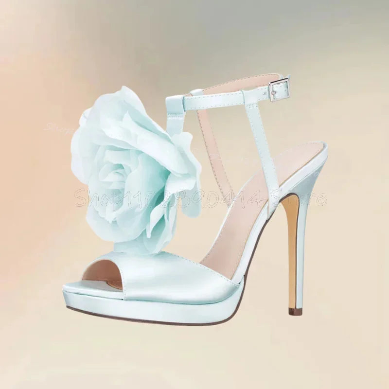 

Sky Blue Rose Appliques Decor Peep Toe Sandals Ankle Buckle Strap Women Shoes Thin High Heels New Party 2025 Zapatos Para Mujere