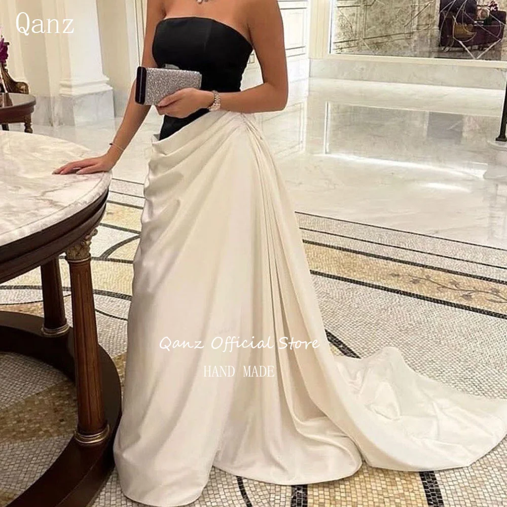 Qanz Vintage Saudi Arabic Evening Dresses Strapless Black and White Prom Gown Floor Length Formal Occasuon Dresses Customized