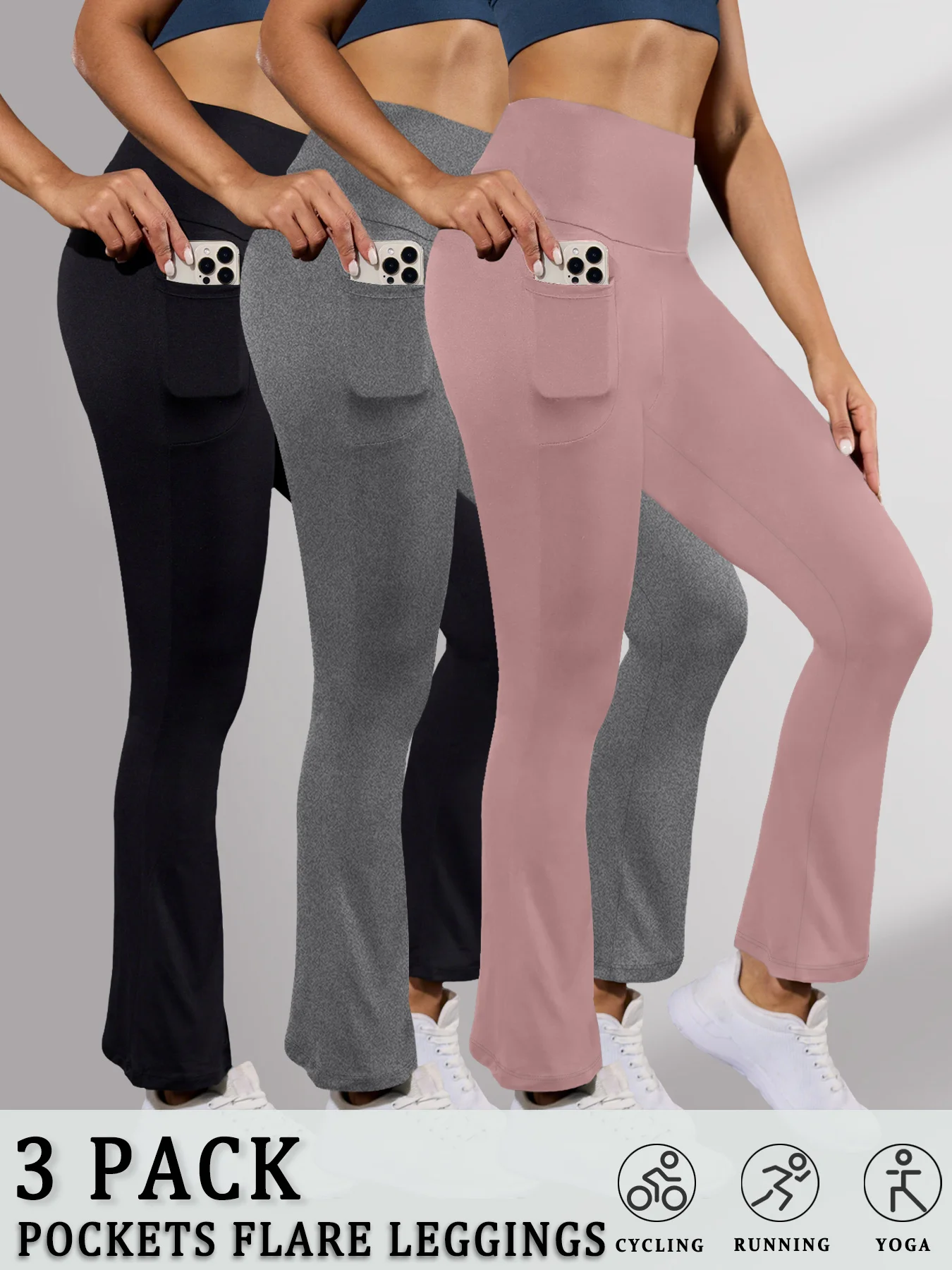 3er-Pack superweiche Flare-Leggings für Damen mit Taschen, hoher Taille, Bauchkontrolle, Workout, Yoga, Push-Up, Fitnessstudio, Fitness, Schlaghose