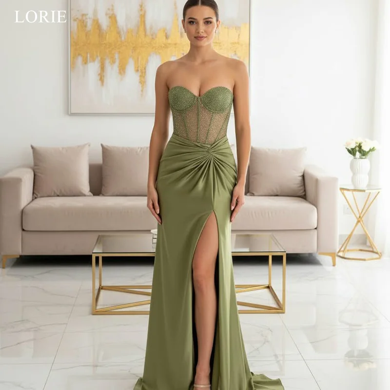 

LORIE Elegan Satin Party Dresses Sexy Strapless Side Slit Tulle Evening Prom Dress Pleats Mermaid Prom Gown Customized
