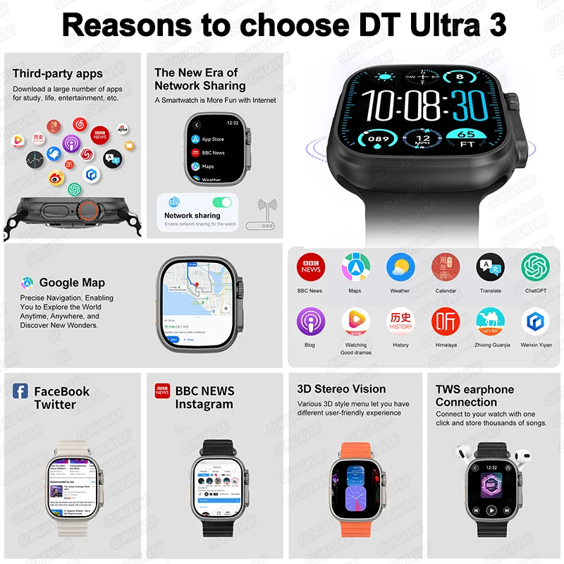ساعة ذكية DT Ultra 3 جديدة بسعة 32 جيجابايت من Google Map مشغل فيديو للموسيقى HD Call APP Store NFC ساعة صوت ذكية AI لنظام Android iOS