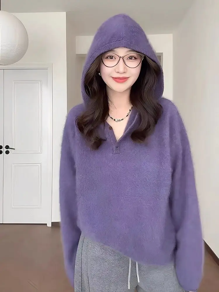 

Soft Purple Hooded Sweater Women's Spring Autumn High-End Knitted Top Inner And Outer Wear Comfortable Korean Sle Long Sve