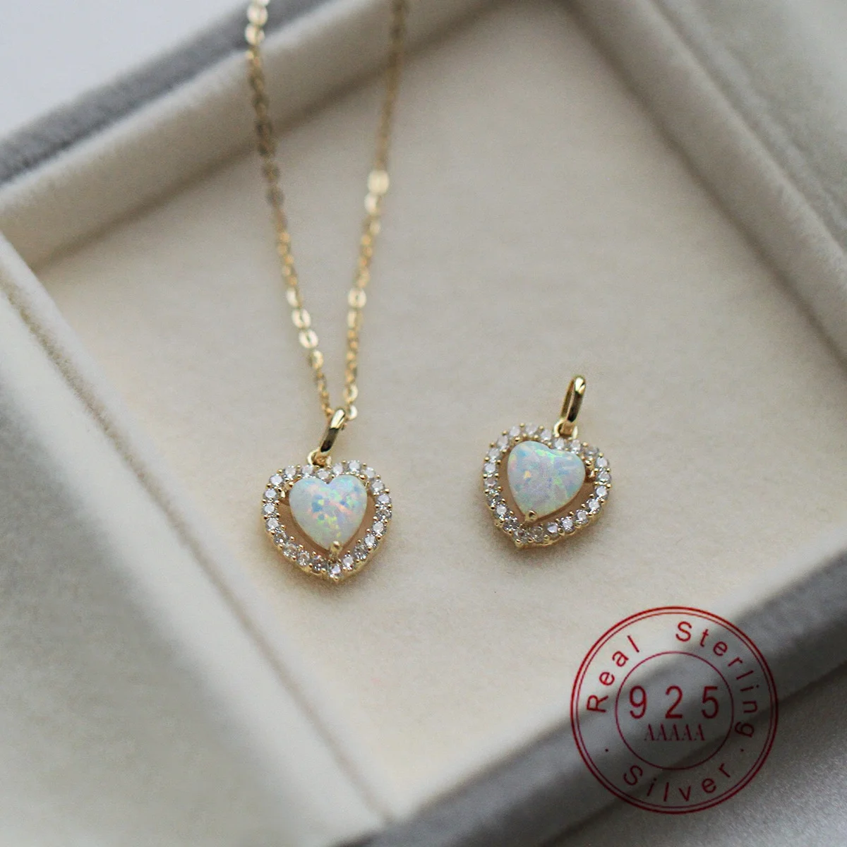 

925 Sterling Silver 14K Gold Plated Heart Opal Necklace for Women, Dainty Synthetic Opal Pendant Necklace Jewelry Gift