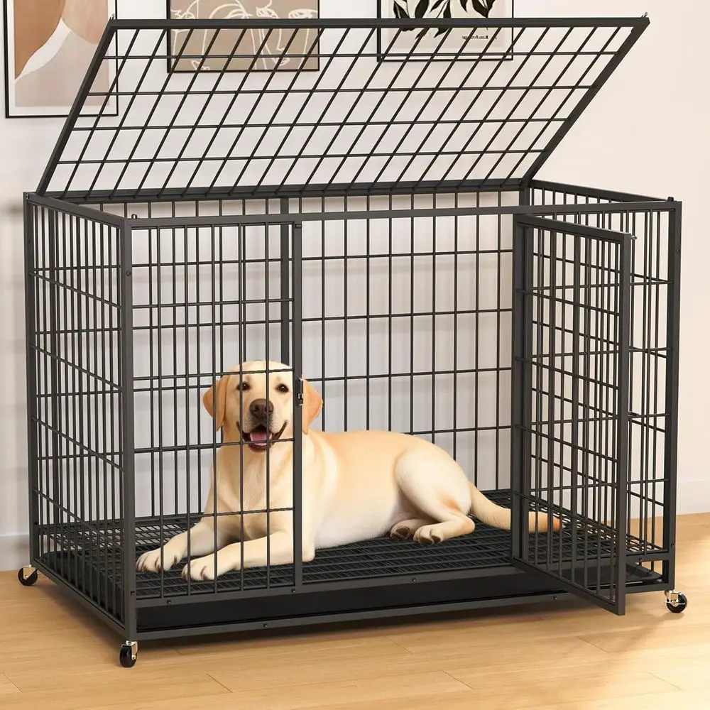 

48 Large Dog Crate with Dual-Door Lock, Swivel Casters, Removable Tray for Easy Cleaning, Suitable for Indoor and Outdoor Use